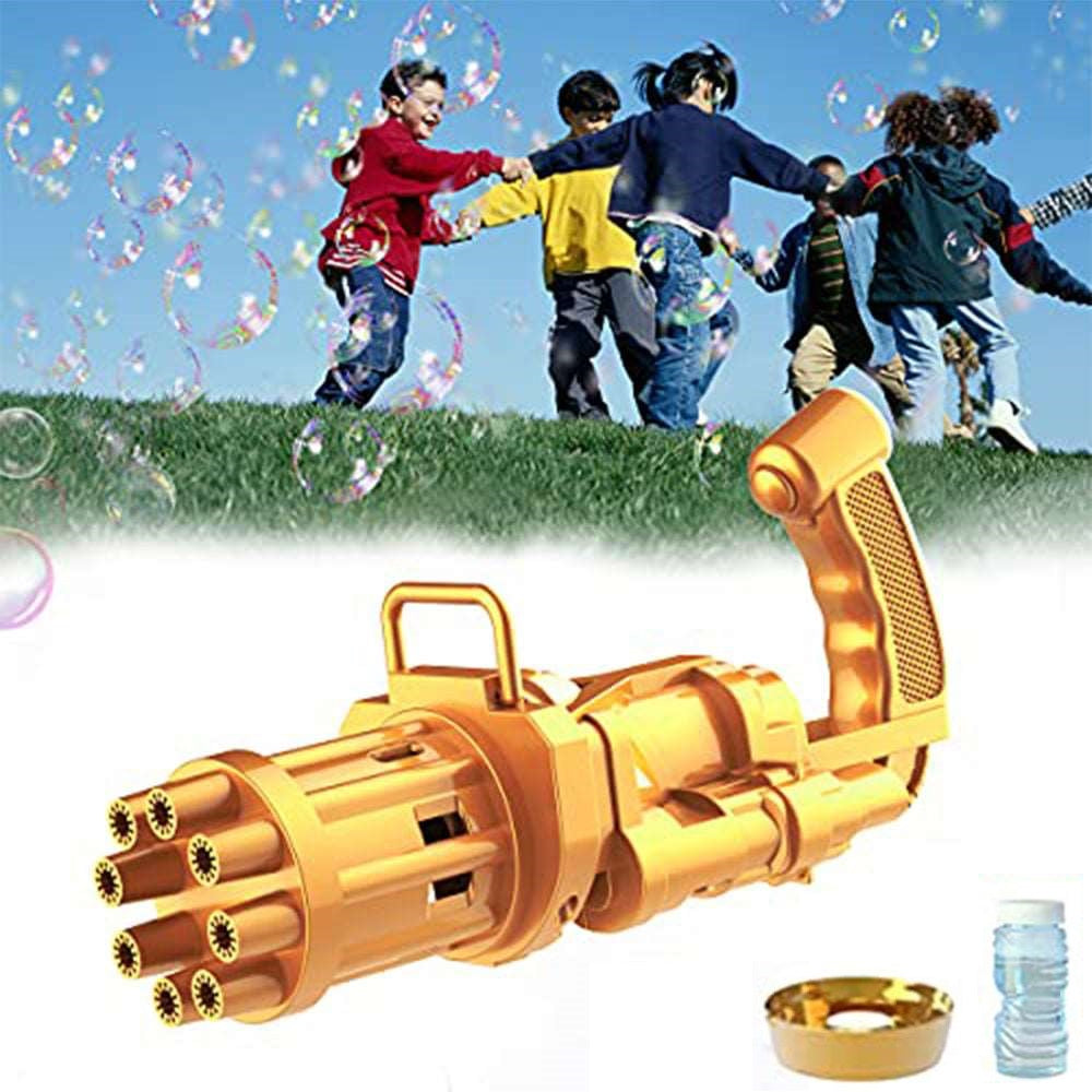 Dollcini mini Gatling bubble blower, gold-colored, 8-hole toy with outdoor scene