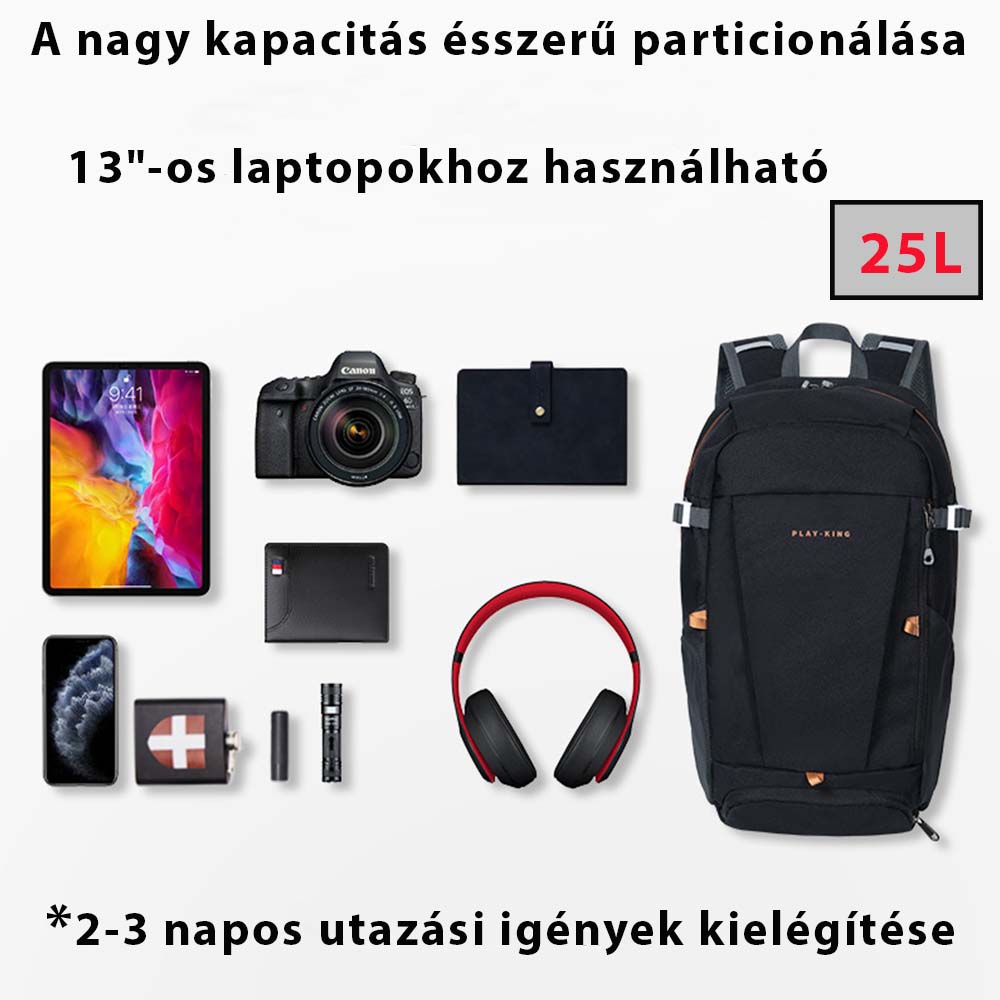 black 13-inch laptop backpack, 25-liter capacity infographic with travel items