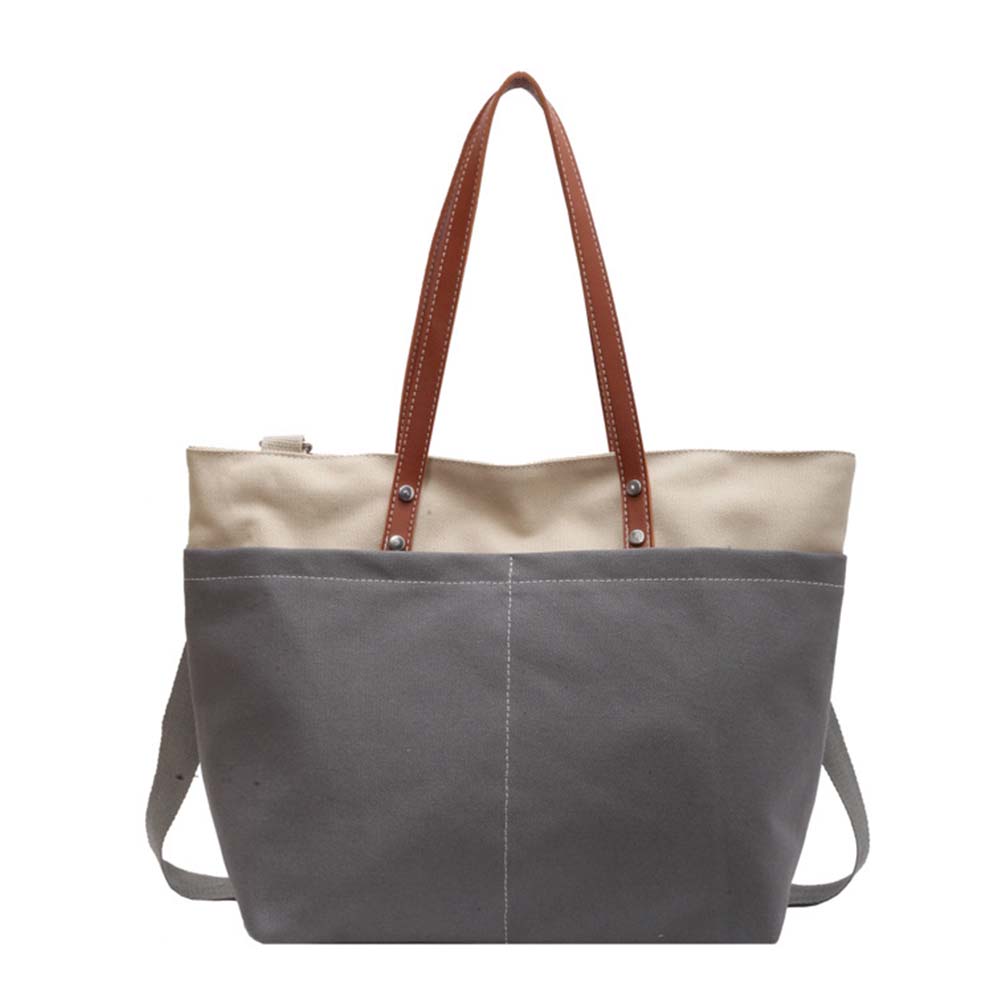 gray-beige women's nylon shopper bag, front view, with brown shoulder straps