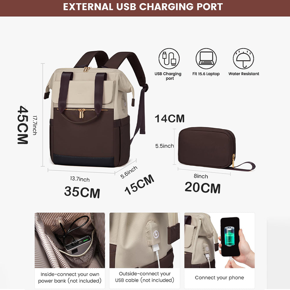 Dollcini Női laptop hátizsák, nagy kapacitású, vízálló hordozható hátizsák USB porttal, 2 részes készlet, fekete