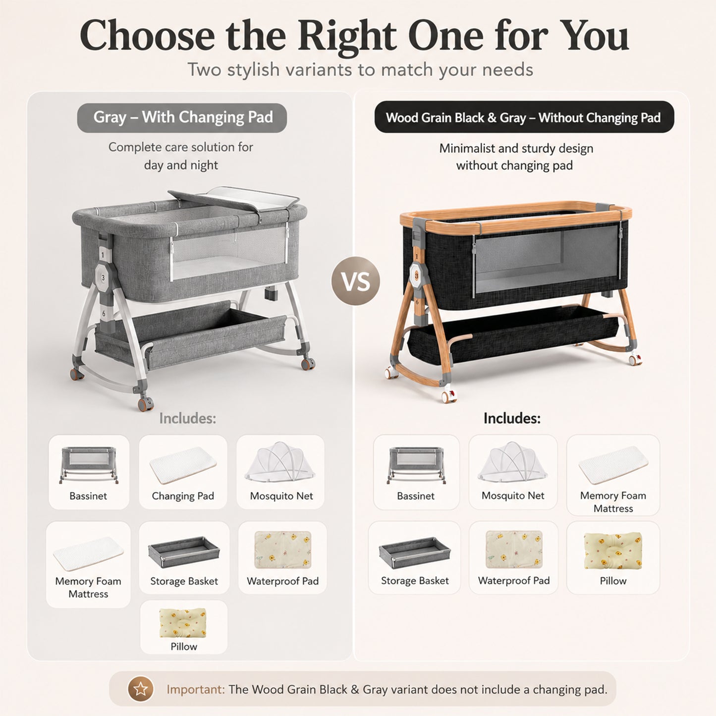 Dollcini Home Foldable Crib Baby Bassinet with Mattress and Storage Basket, Adjustable Height, Gray