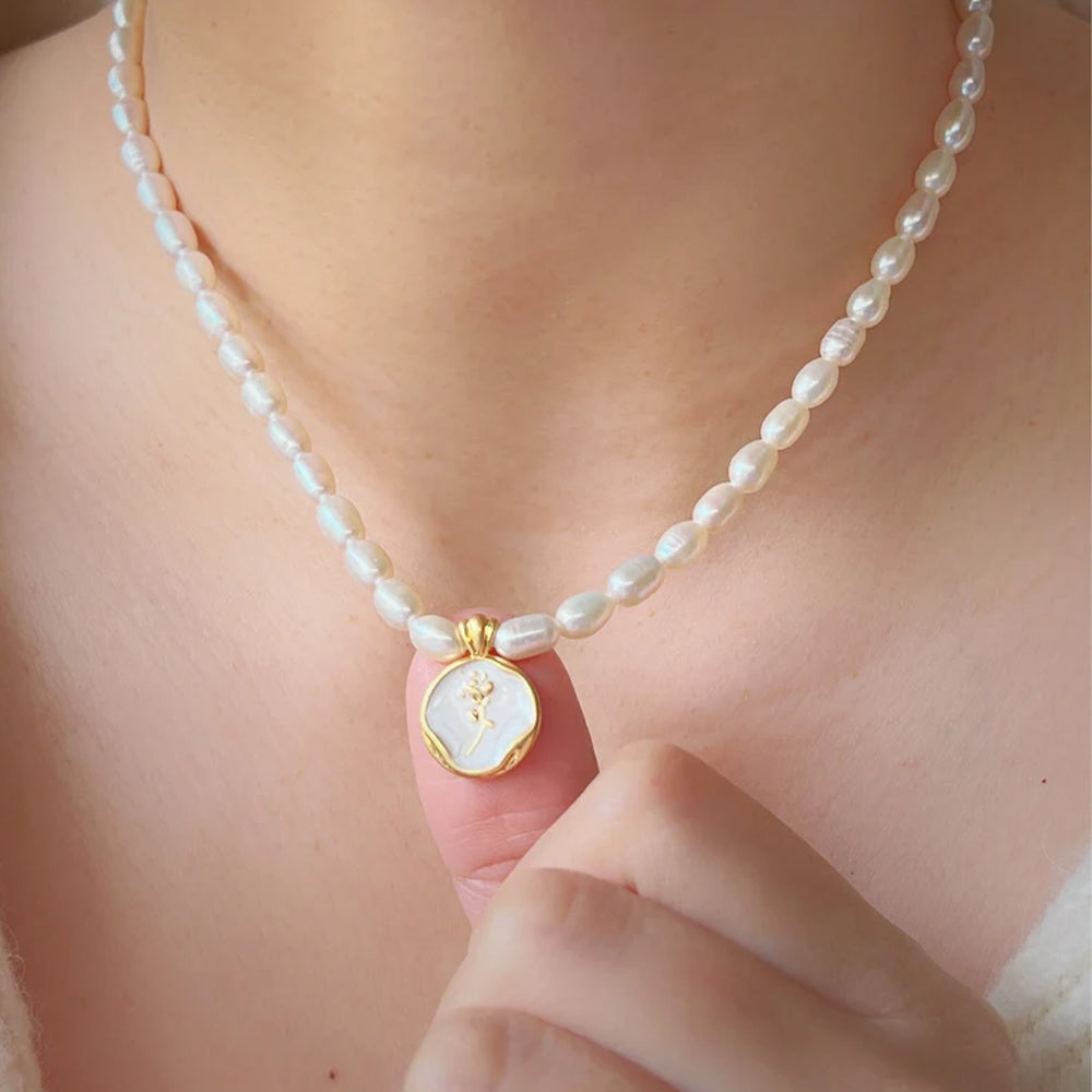 Dollcini Pearl Bead Necklace with Flower Pendant – Rose or Tulip