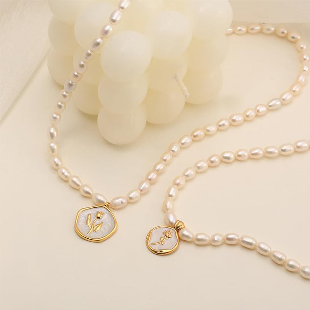 Dollcini Pearl ékszerkészlet 4/8/10 mm - Rózsa/tulipán medál nyaklánc és gyöngy fülbevaló