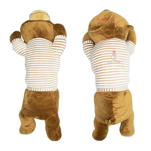long plush bear, brown, wearing a striped top, front and back view