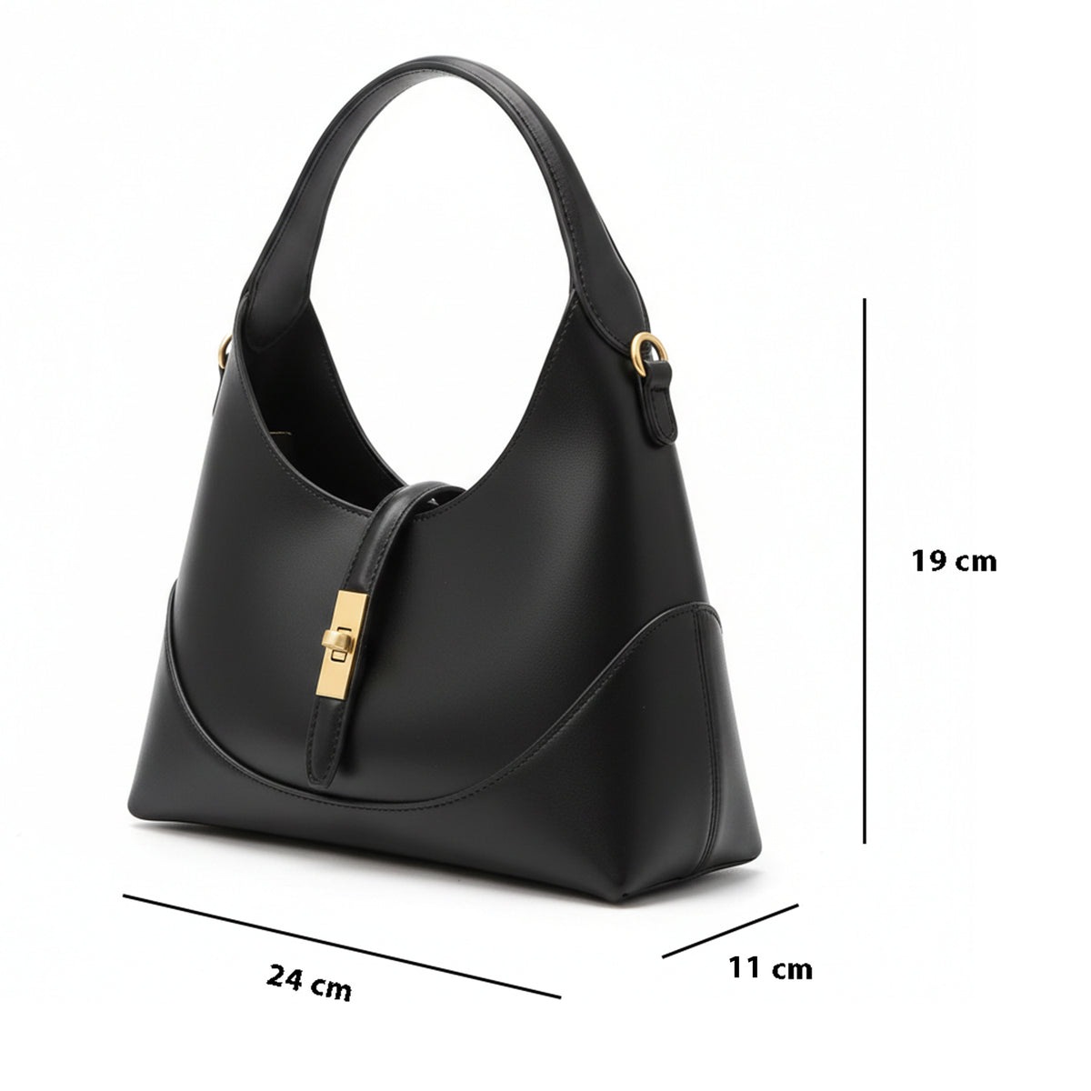 black compact half-moon shoulder bag with dimensions shown as 24 x 11 x 19 cm