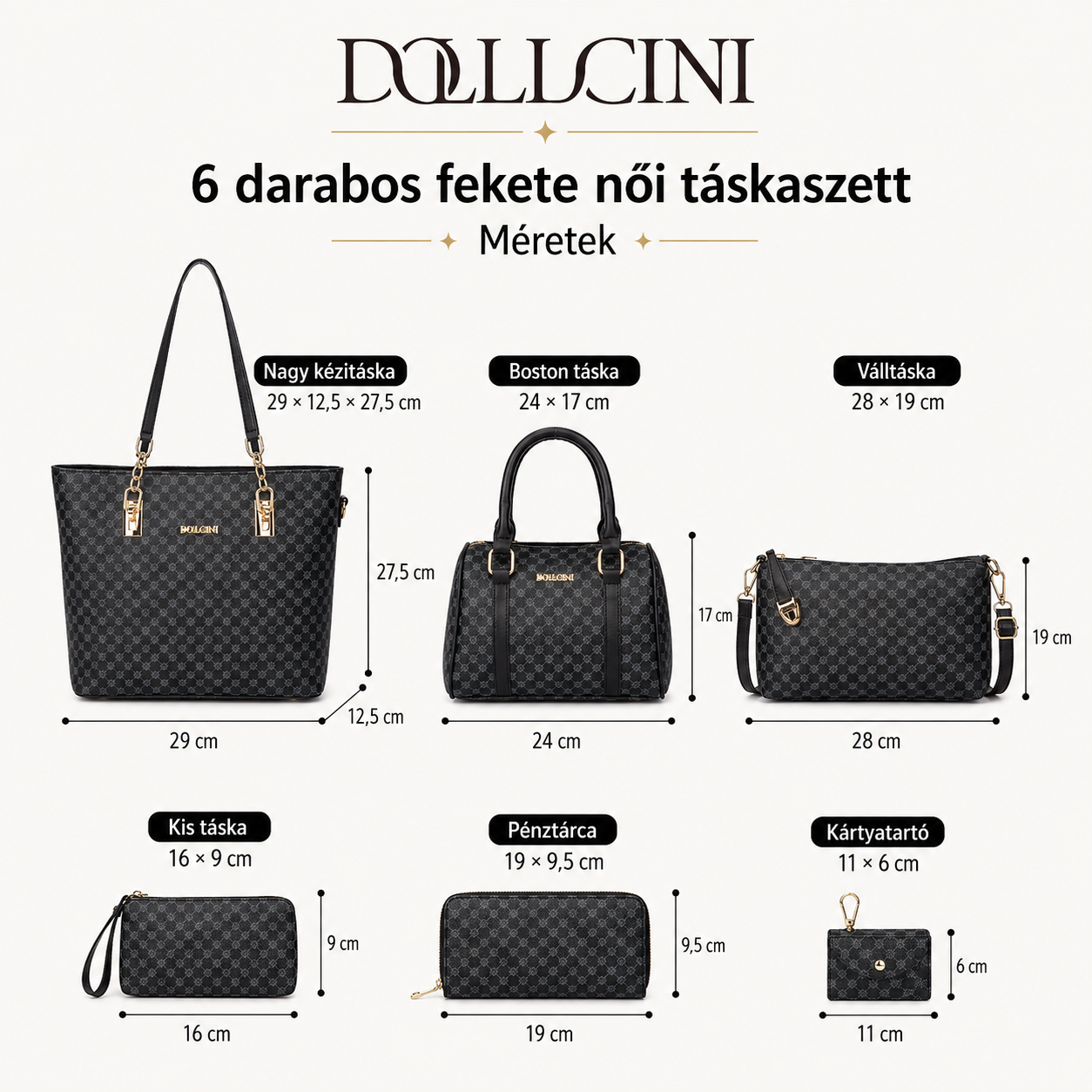 Dollcini Women's Handbag Set – 6-Piece Elegant Faux Leather Bag Set, Black Collage