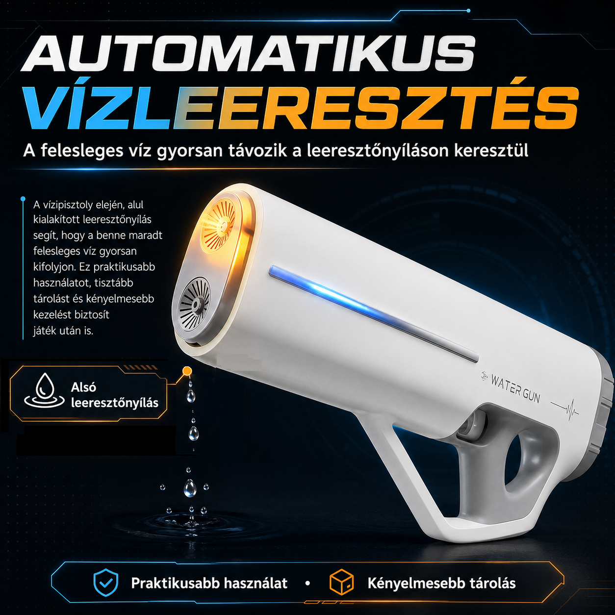 Dollcini Automata Elektromos Vízipisztoly – USB Tölthető, LED Fényes, 520 ml