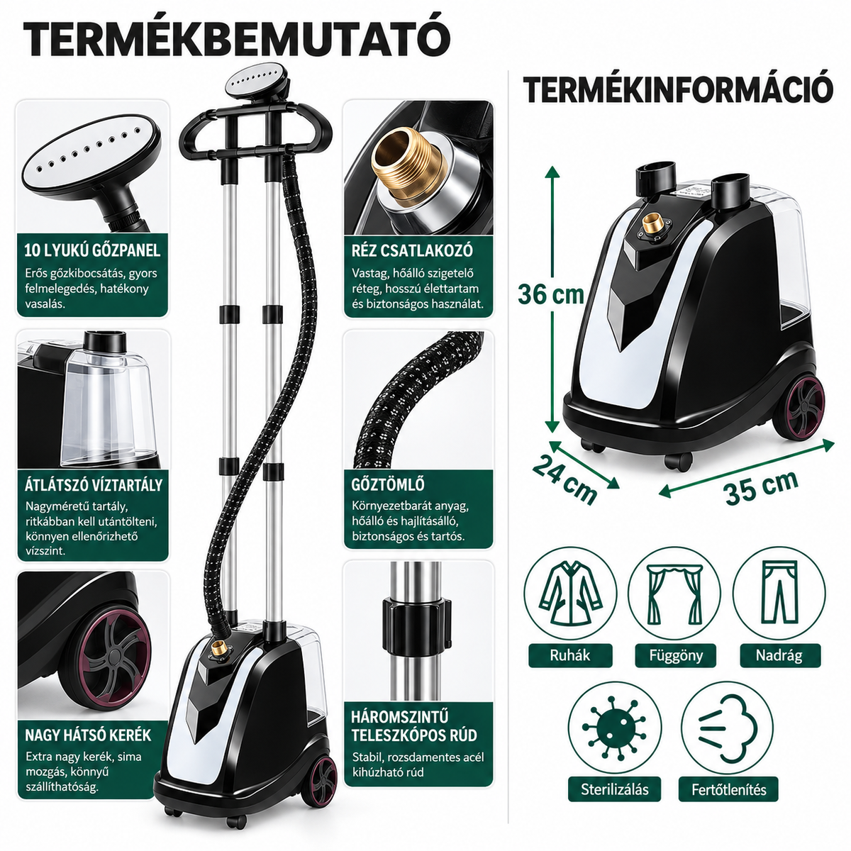 Dollcini Teljes Réz Ruhagőzölő 2200W – 35 L Tartály, 10 Lyukú Gőzfej, Fekete