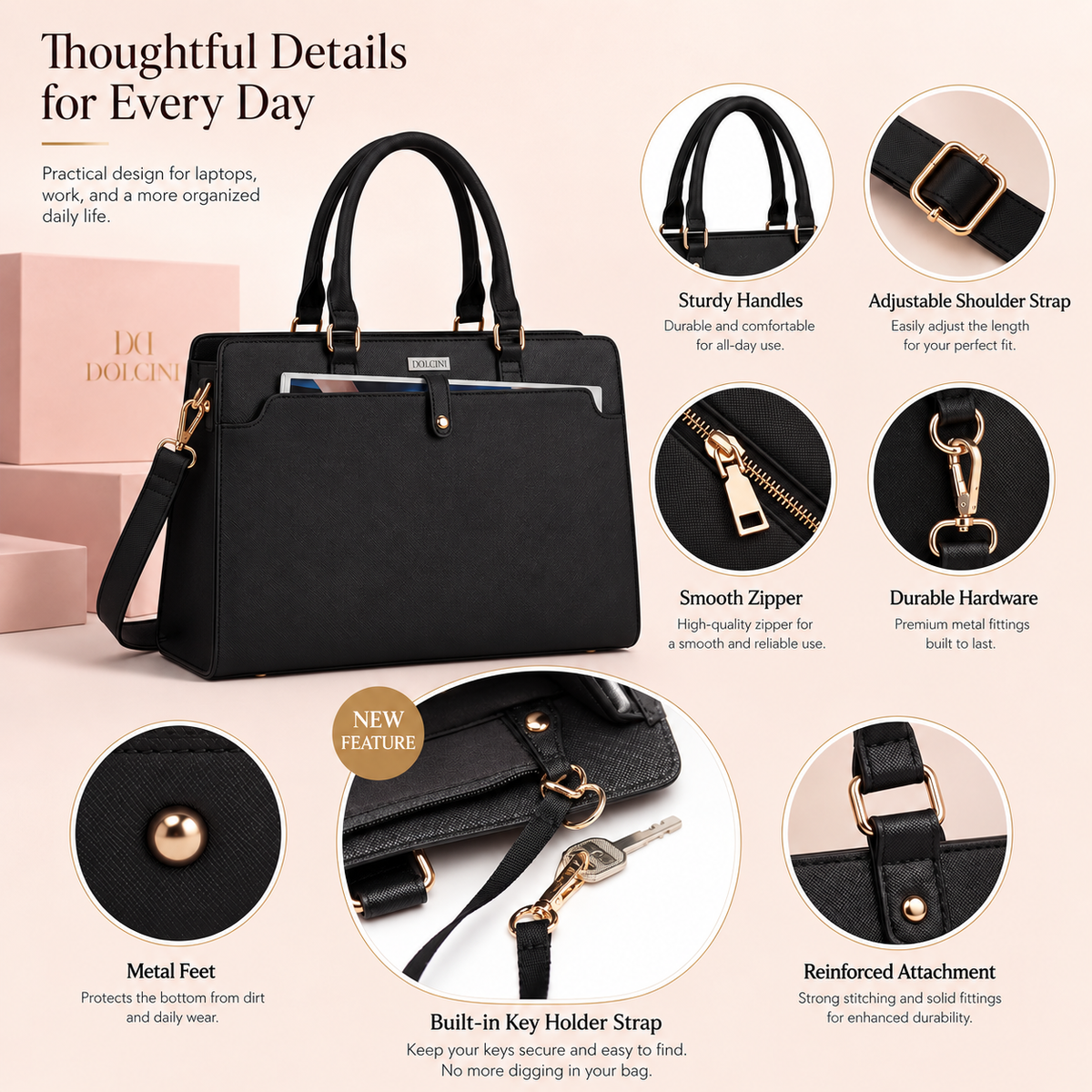 Dollcini Women's Laptop Bag 15.6” – Elegant Black Work Bag