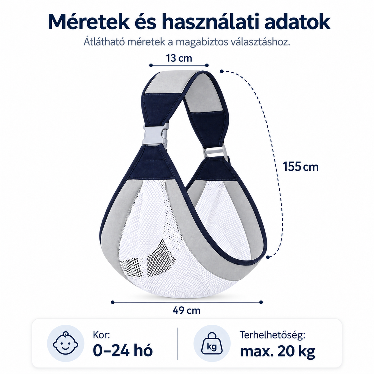 Dollcini Állítható Baba Hordozókendő – Szürke, 0–24 hó, max. 20 kg