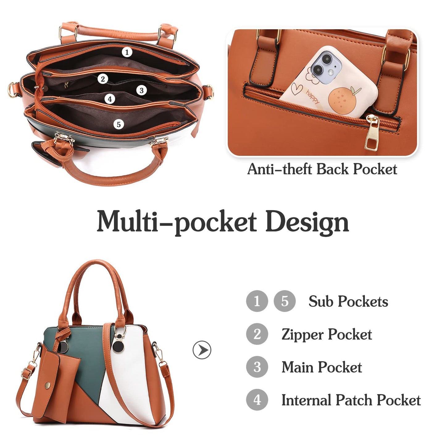 Dollcini háromszínű női kézitáska – Elegáns PU bőr válltáska és crossbody táska pénztárcával,Több színben