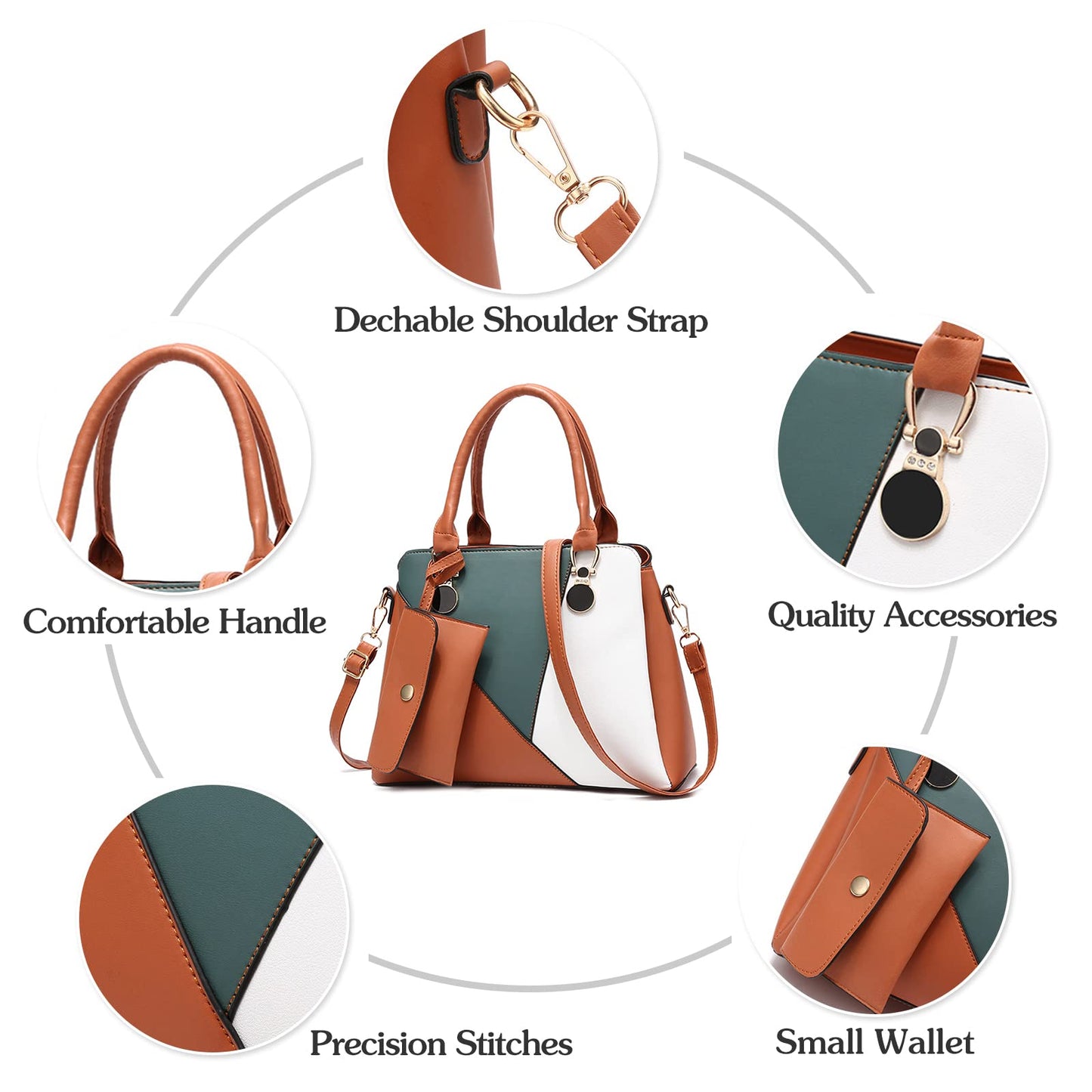 Dollcini háromszínű női kézitáska – Elegáns PU bőr válltáska és crossbody táska pénztárcával,Több színben