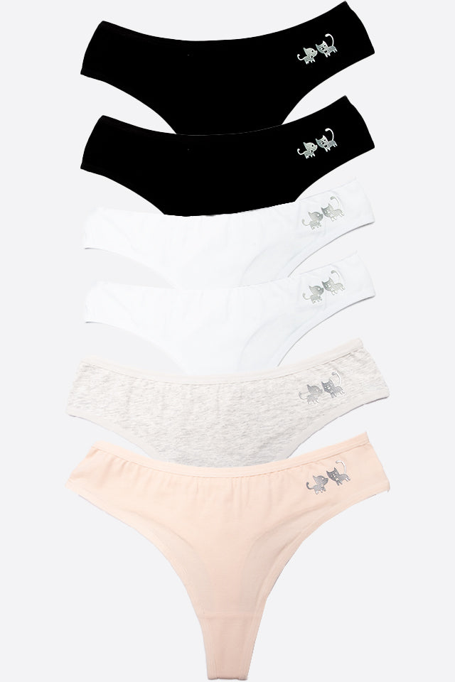 Dollcini,Tanga női bugyi,Cicamintás női bugyi,95% Pamut + Spandex-Többszínű, 6 db-os Csomag