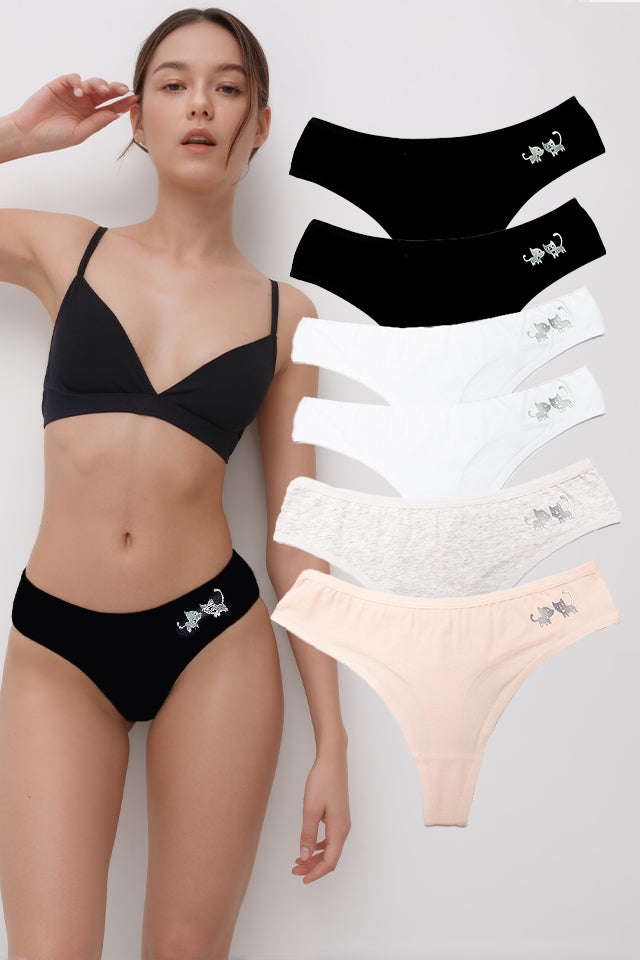Dollcini,Tanga női bugyi,Cicamintás női bugyi,95% Pamut + Spandex-Többszínű, 6 db-os Csomag