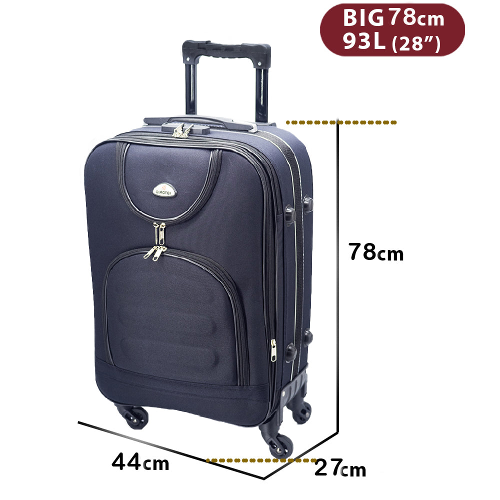 Soft-sided suitcase, dark blue, 93 liters, with 78 cm size guide
