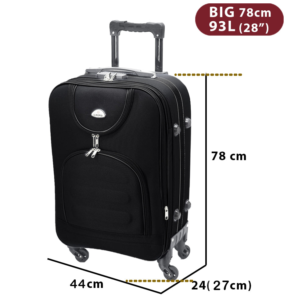 soft-sided suitcase, black, 93 liters, 78 cm size chart