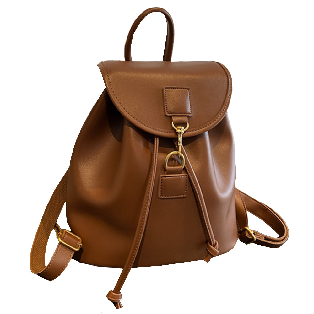 Brown women's faux leather mini backpack, front view, with flap closure and drawstring