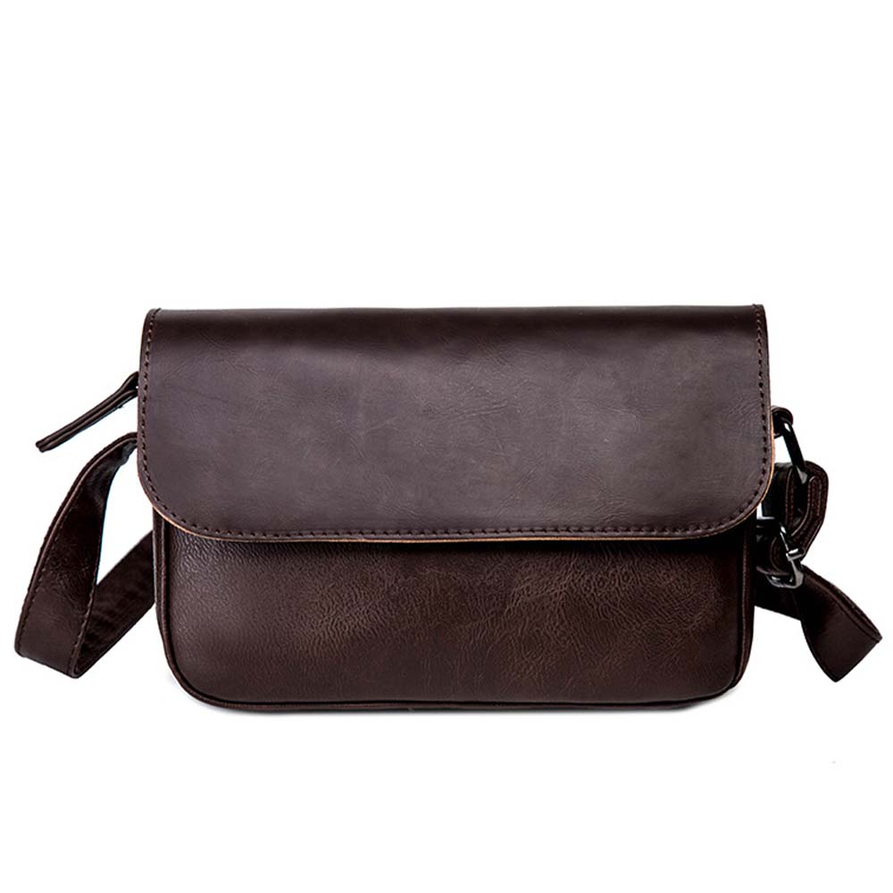 Men's anti-theft messenger bag, brown, front view with flap