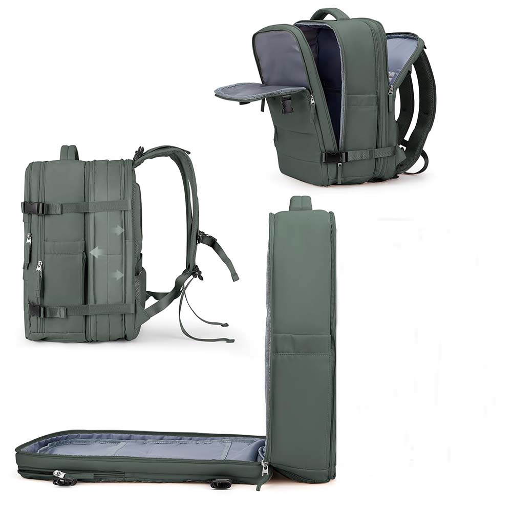 waterproof travel backpack, green, expandable in multi-view presentation