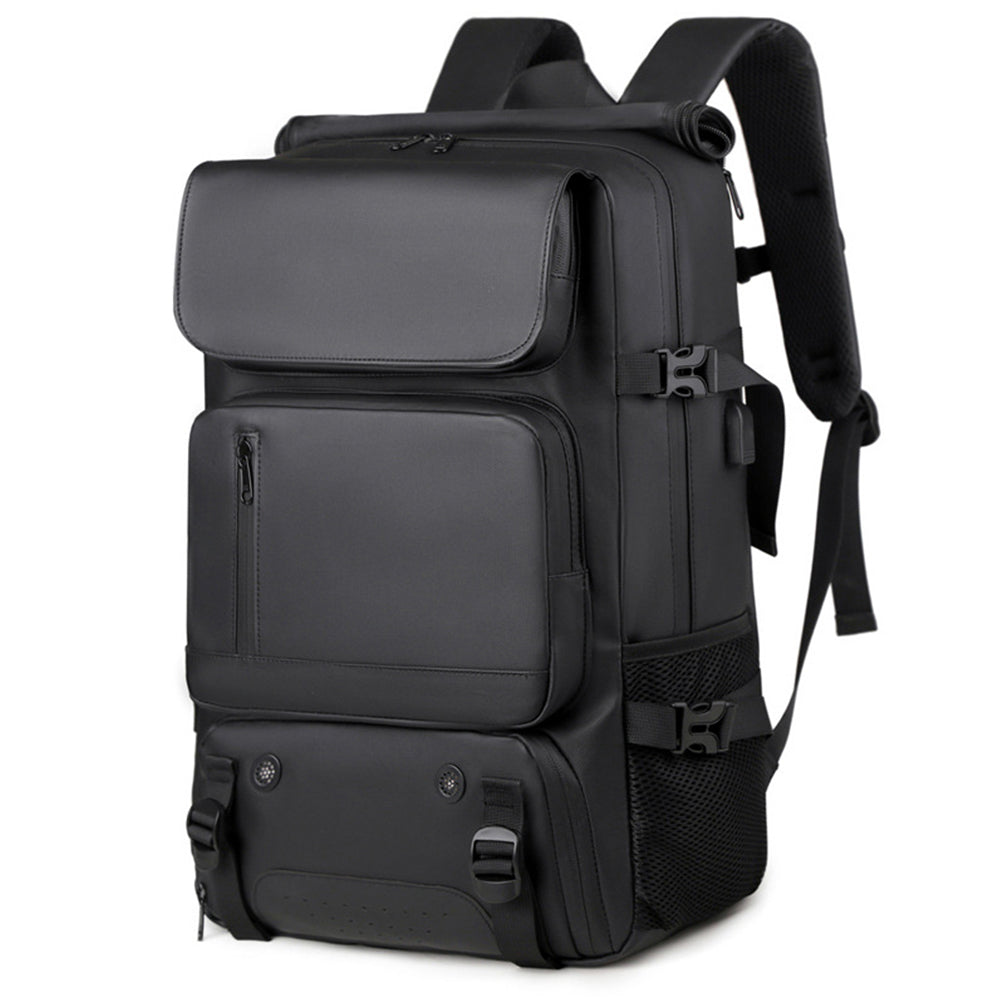 black men's travel backpack with structured front pockets, product view