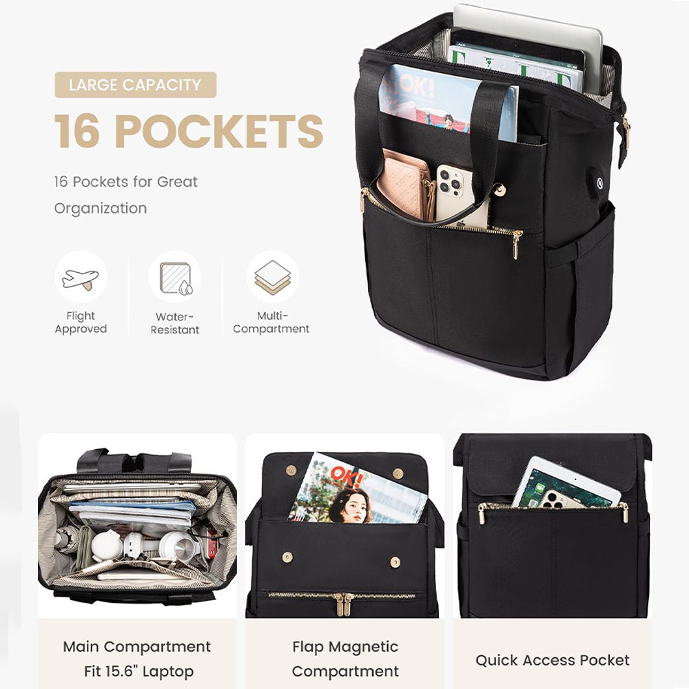 Dollcini Női laptop hátizsák, nagy kapacitású, vízálló hordozható hátizsák USB porttal, 2 részes készlet, fekete