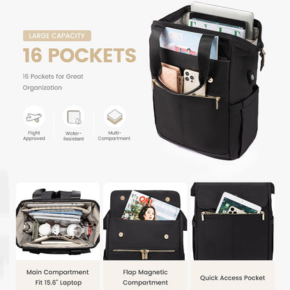 Dollcini Női laptop hátizsák, nagy kapacitású, vízálló hordozható hátizsák USB porttal, 2 részes készlet, fekete