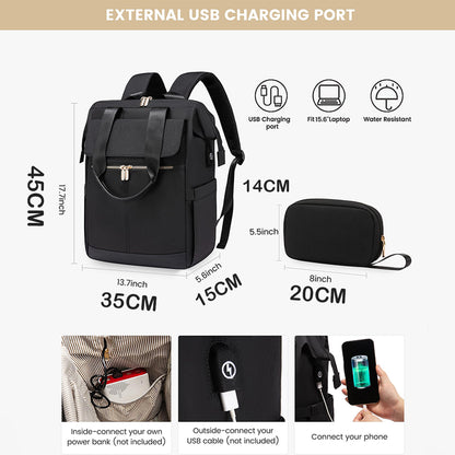 Dollcini Női laptop hátizsák, nagy kapacitású, vízálló hordozható hátizsák USB porttal, 2 részes készlet, fekete