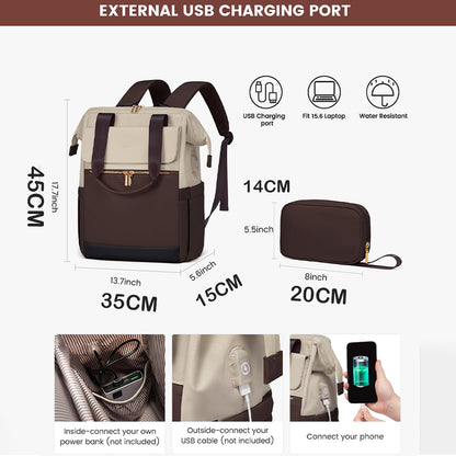 Dollcini Női laptop hátizsák, nagy kapacitású, vízálló hordozható hátizsák USB porttal, 2 részes készlet, fekete