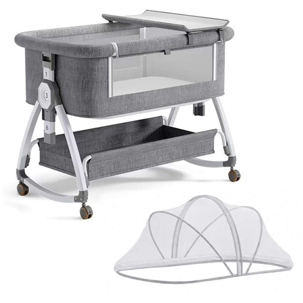 Dollcini Home Foldable Crib Baby Bassinet with Mattress and Storage Basket, Adjustable Height, Gray