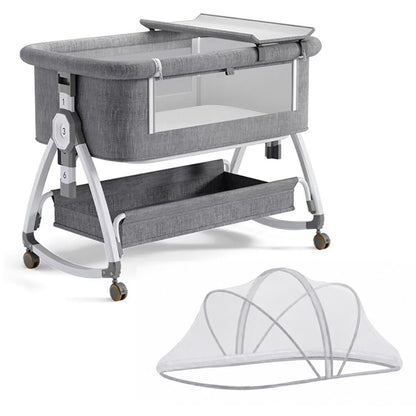 Dollcini Home Foldable Crib Baby Bassinet with Mattress and Storage Basket, Adjustable Height, Gray