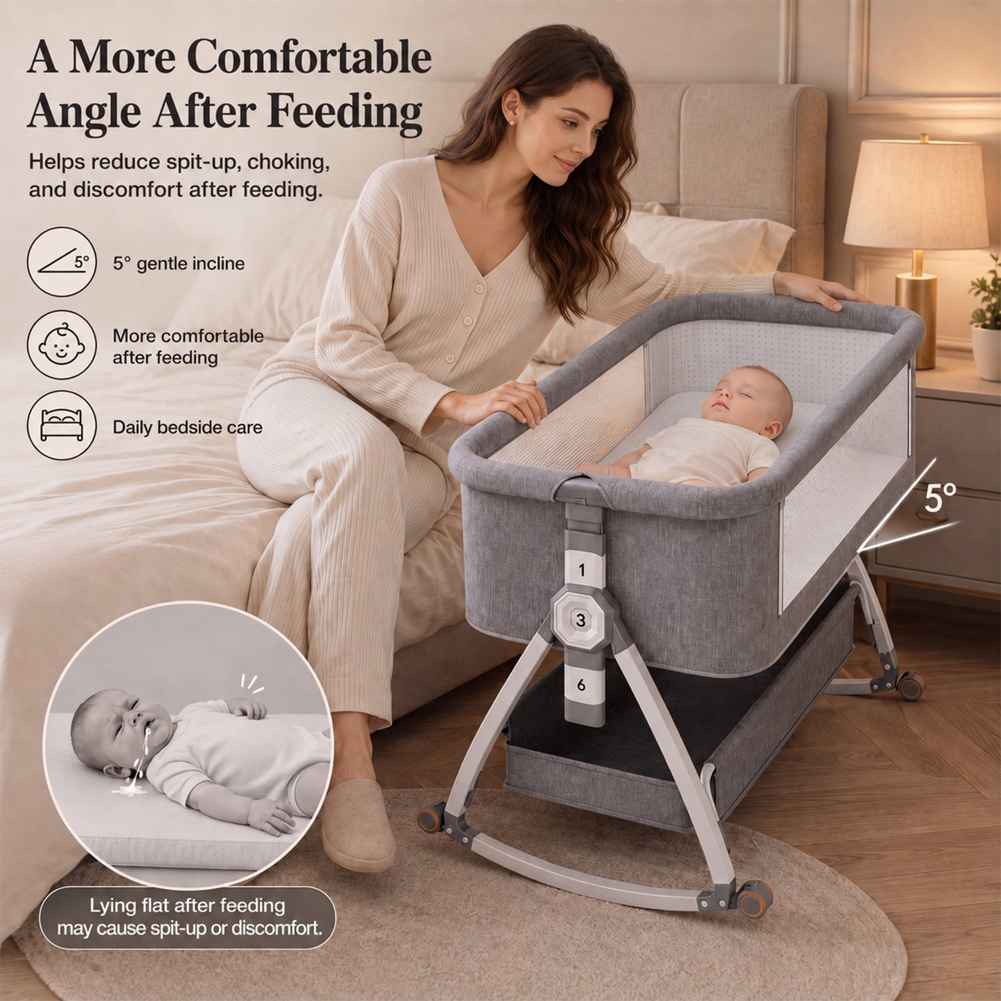 Dollcini Home Foldable Crib Baby Bassinet with Mattress and Storage Basket, Adjustable Height, Gray