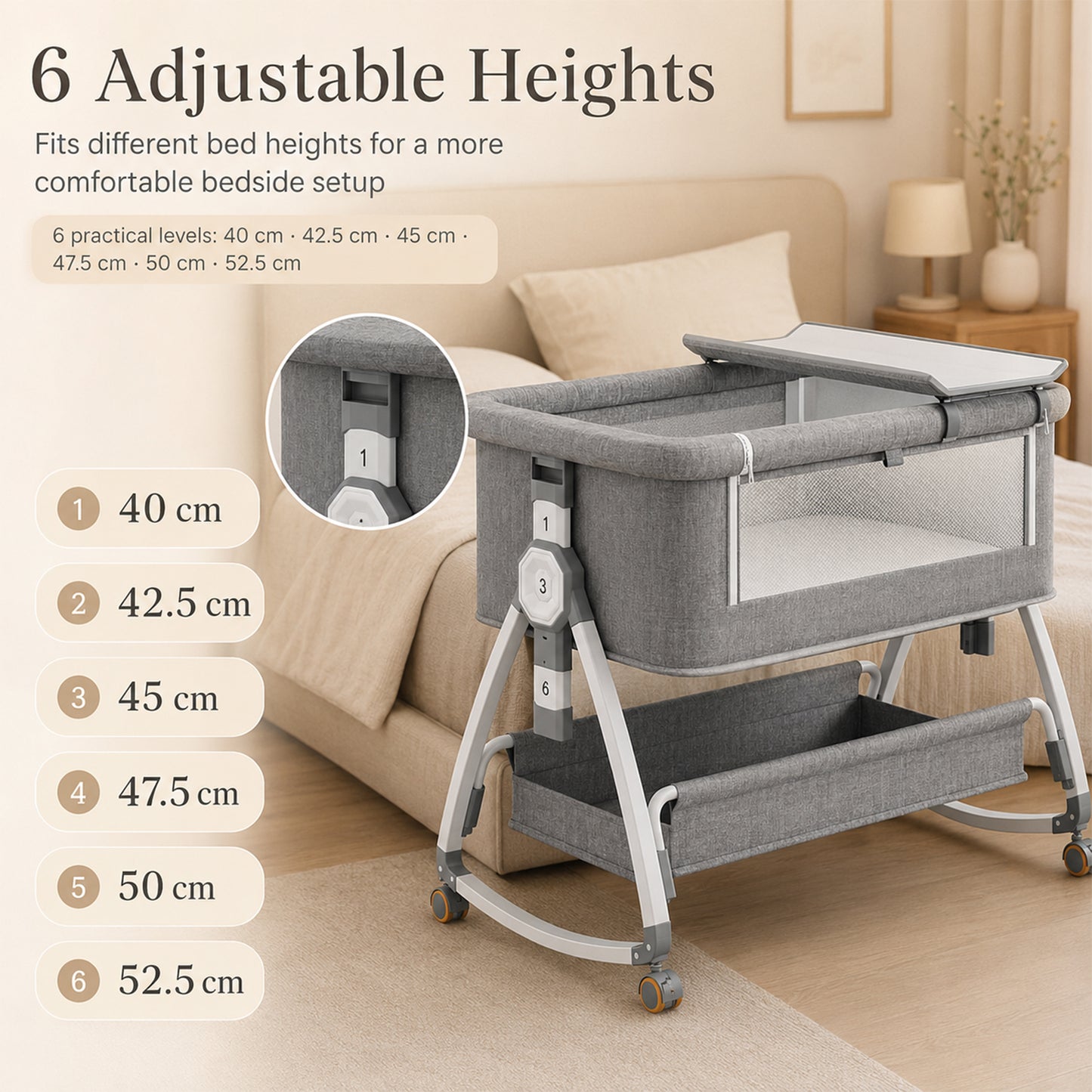 Dollcini Home Foldable Crib Baby Bassinet with Mattress and Storage Basket, Adjustable Height, Gray