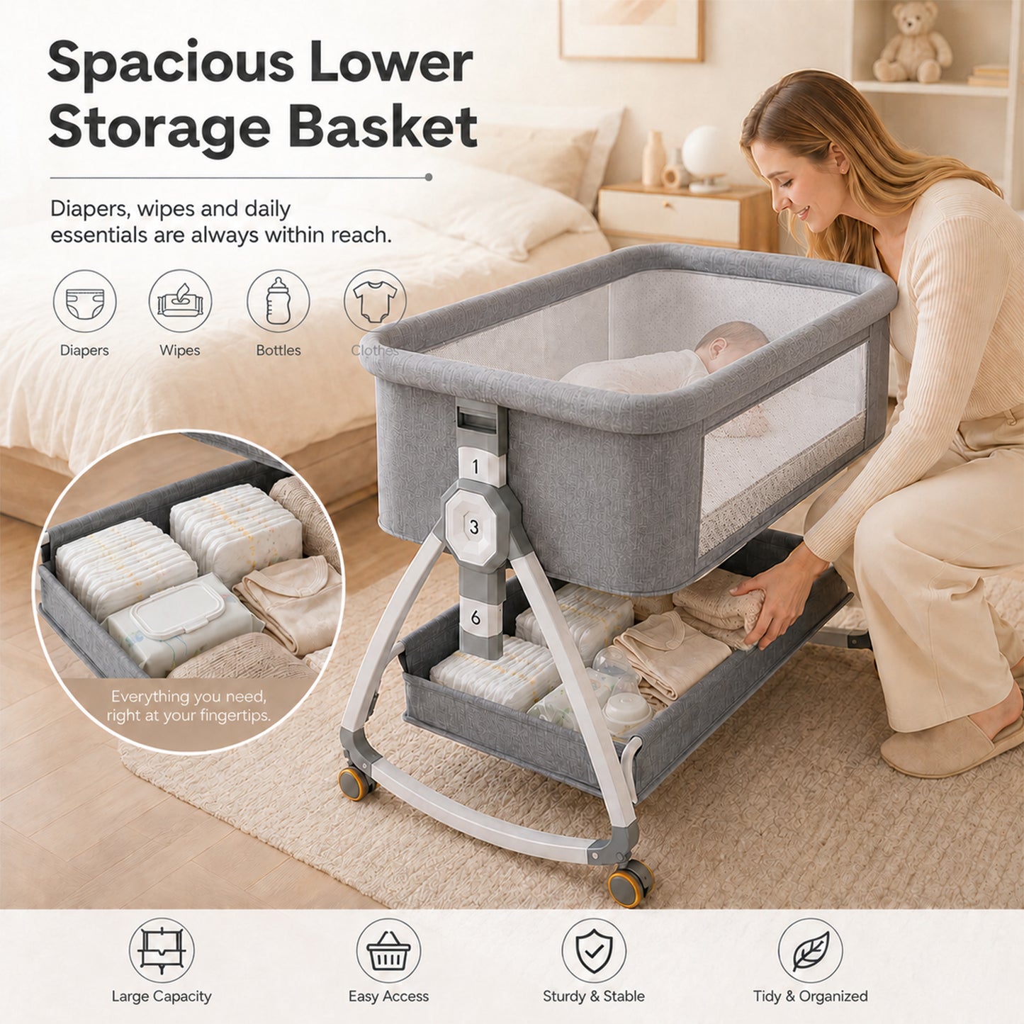 Dollcini Home Foldable Crib Baby Bassinet with Mattress and Storage Basket, Adjustable Height, Gray