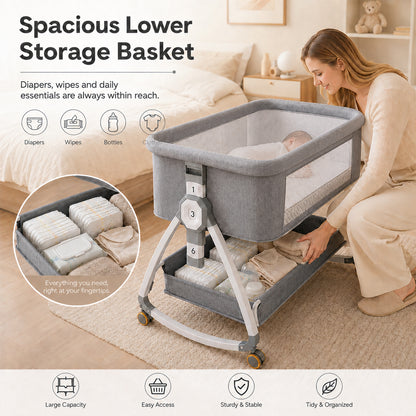 Dollcini Home Foldable Crib Baby Bassinet with Mattress and Storage Basket, Adjustable Height, Gray