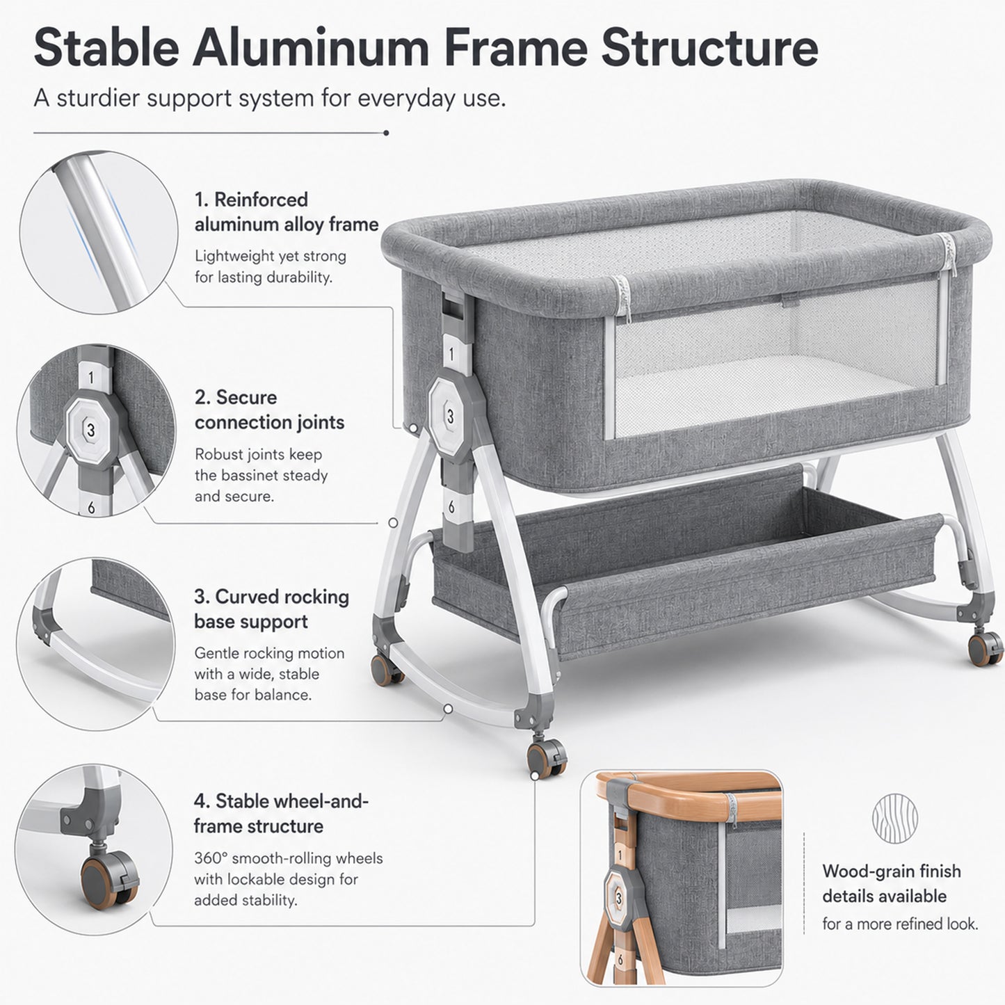 Dollcini Home Foldable Crib Baby Bassinet with Mattress and Storage Basket, Adjustable Height, Gray