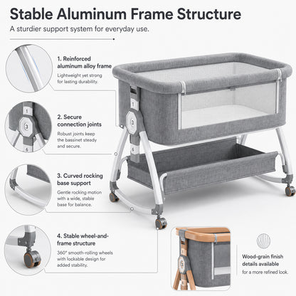 Dollcini Home Foldable Crib Baby Bassinet with Mattress and Storage Basket, Adjustable Height, Gray
