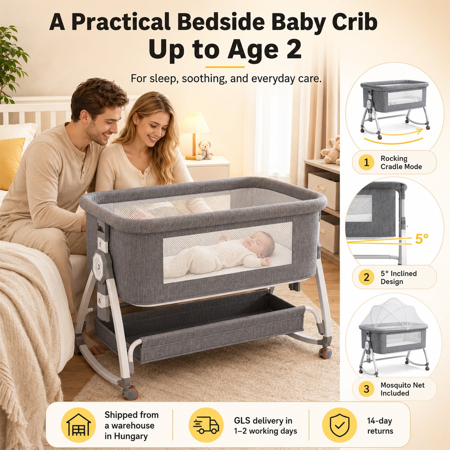 Dollcini Home Foldable Crib Baby Bassinet with Mattress and Storage Basket, Adjustable Height, Gray