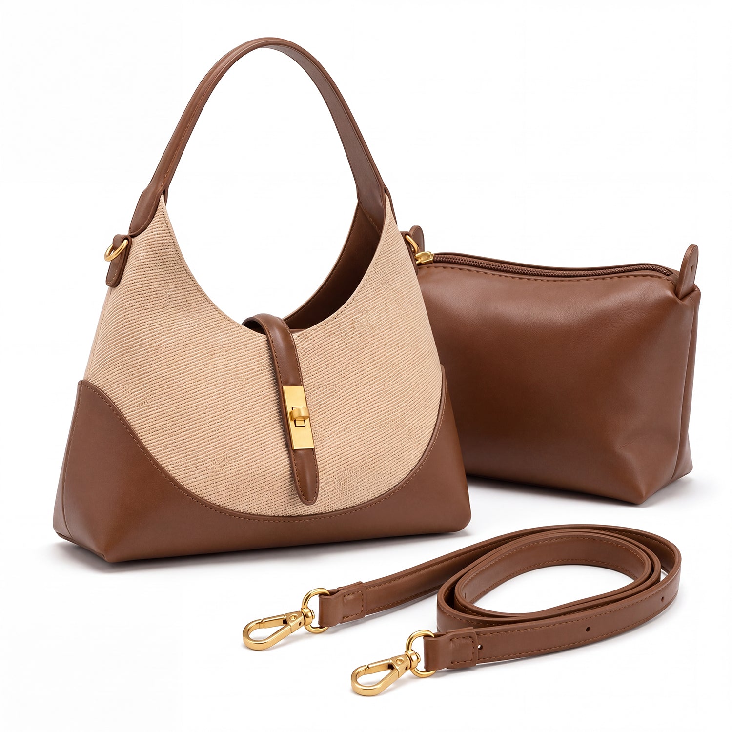 beige and brown compact half-moon shoulder bag with pouch and removable strap
