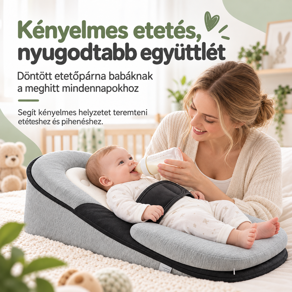 Dollcini döntött etetőpárna babáknak – etetési jelenet felnőtt felügyeletével