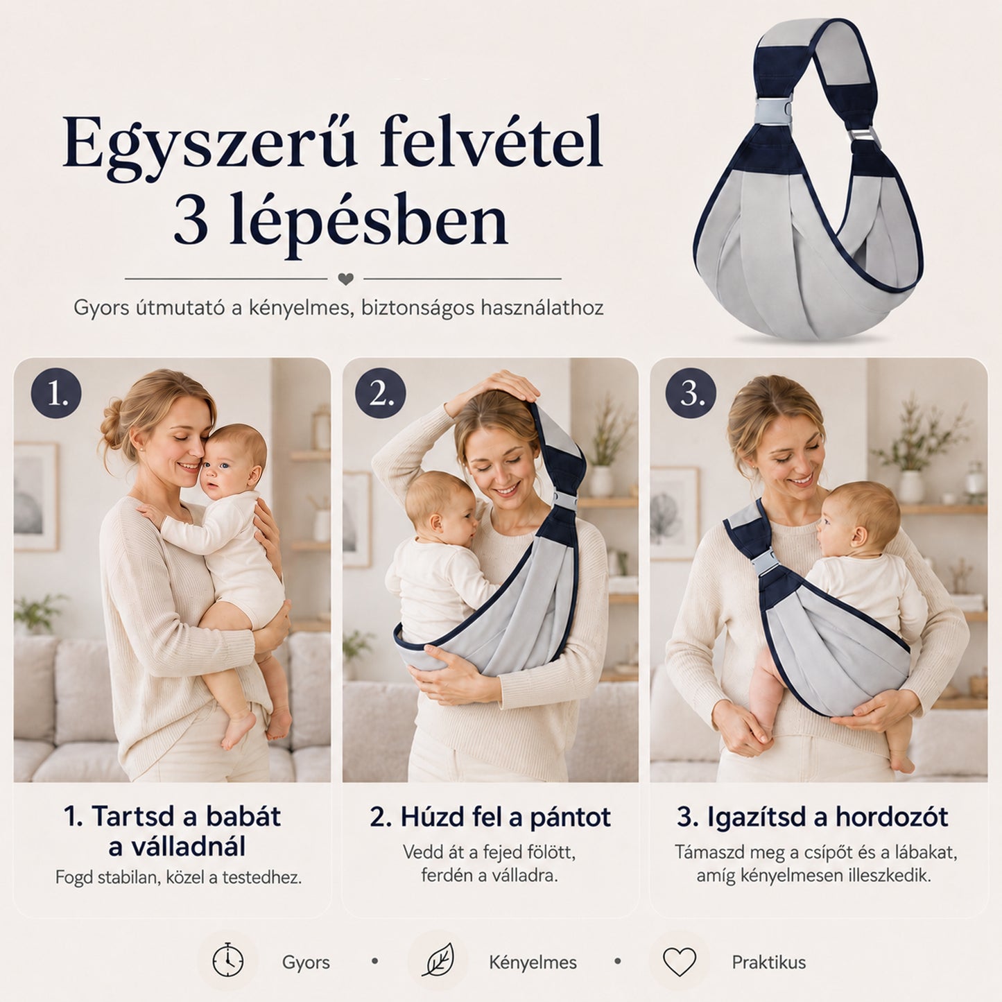 Dollcini Állítható Baba Hordozókendő – Szürke, 0–24 hó, max. 20 kg