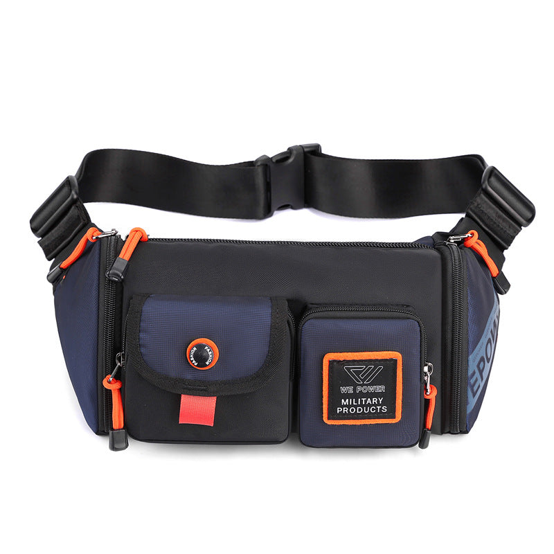 dark blue multifunctional men's chest and waist bag with orange zipper pulls