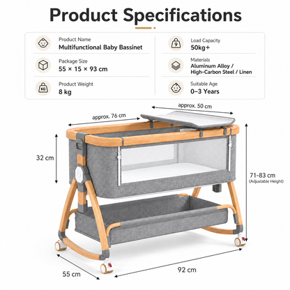 Dollcini Home Foldable Crib Baby Bassinet with Mattress and Storage Basket, Adjustable Height, Gray