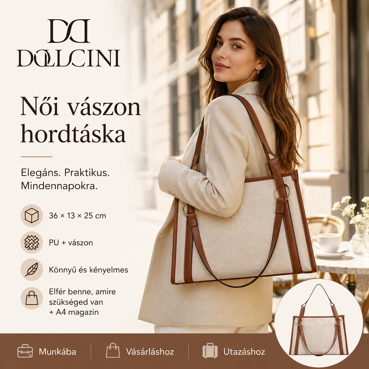 Dollcini Women's Canvas Tote Bag – Casual Zipper Shoulder Bag for Travel