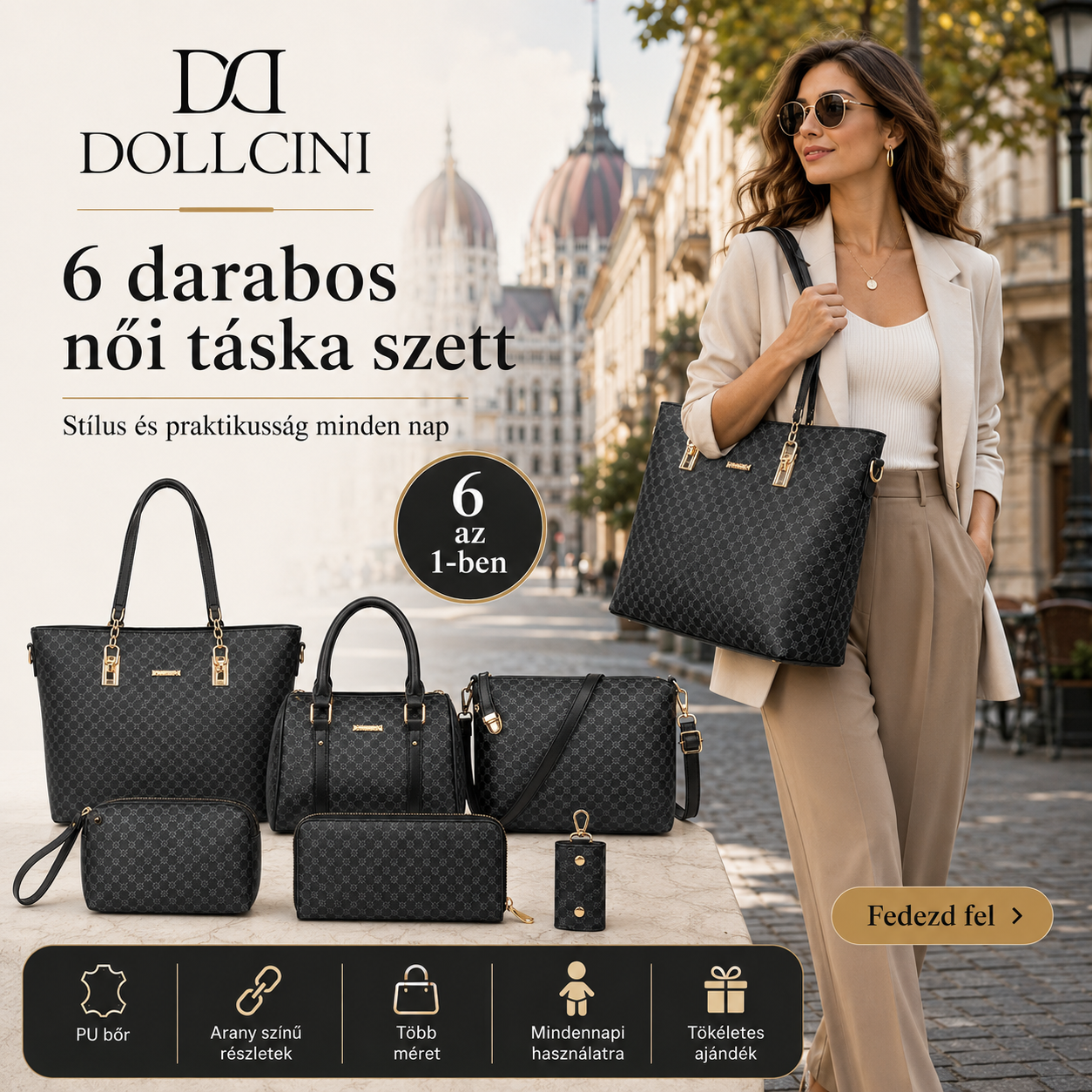 Dollcini Women's Handbag Set – 6-Piece Elegant Faux Leather Bag Set, Black Collage