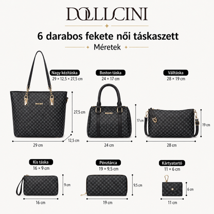 Dollcini Women's Handbag Set – 6-Piece Elegant Faux Leather Bag Set, Black Collage