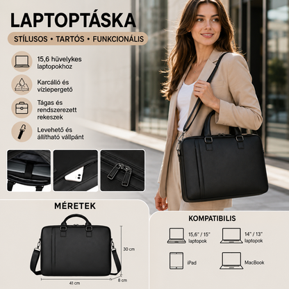 Dollcini Laptoptáska– Kopásálló, Fekete műbőr (vízhatlan anyag)