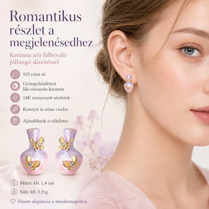 Butterfly Women's Earrings with 925 Silver Post – Hand-Painted Purple-Pink Vase Shape