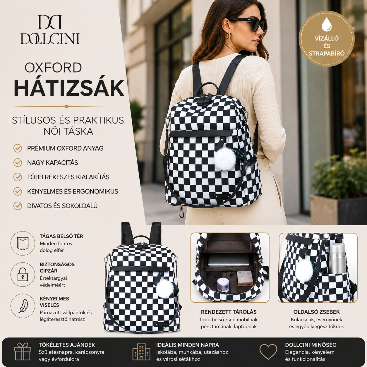 Dollcini Oxford Women's Backpack, School Bag – Waterproof and Spacious, For Work, For School