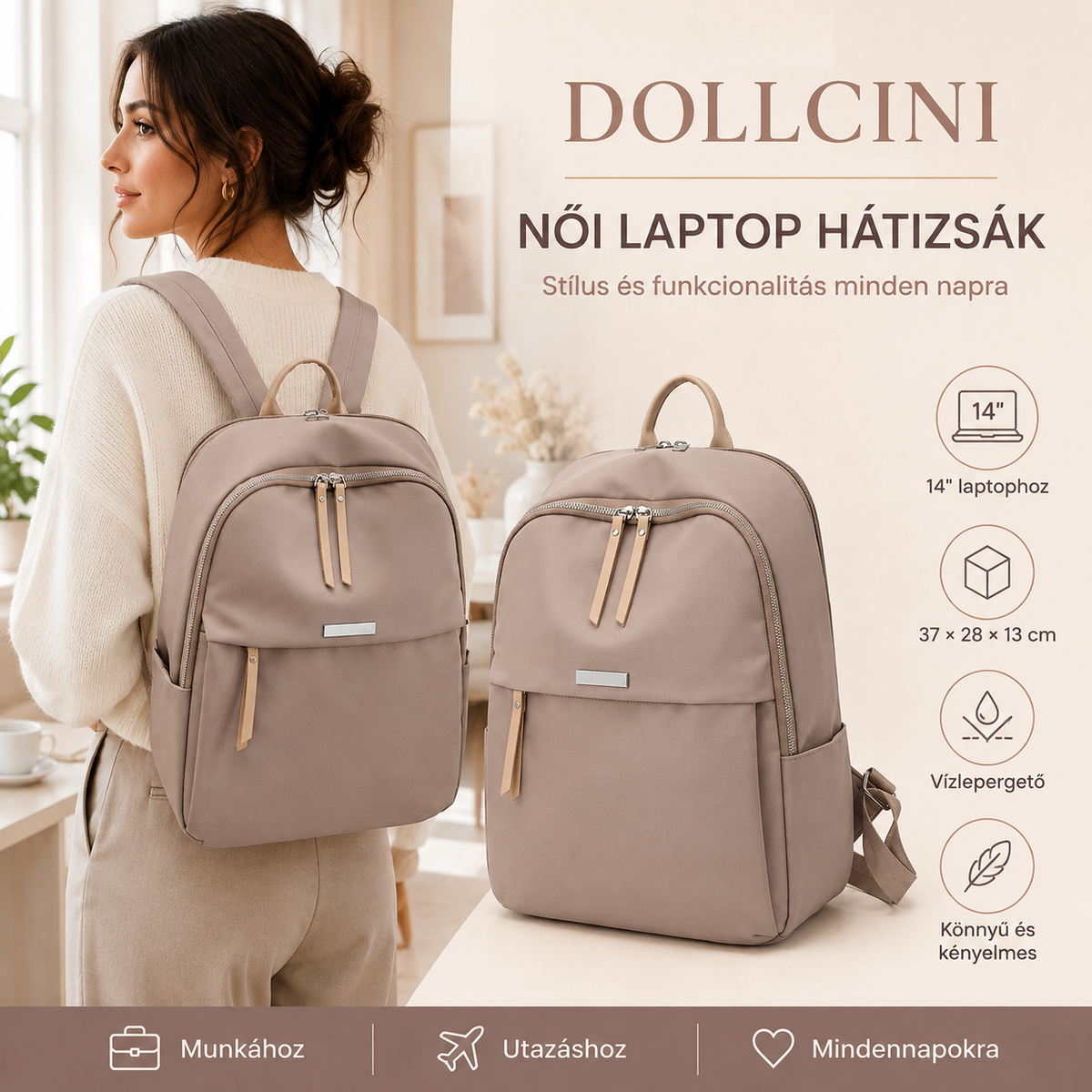 Dollcini Women's Laptop Backpack for 14” Laptop – Waterproof and Ergonomic