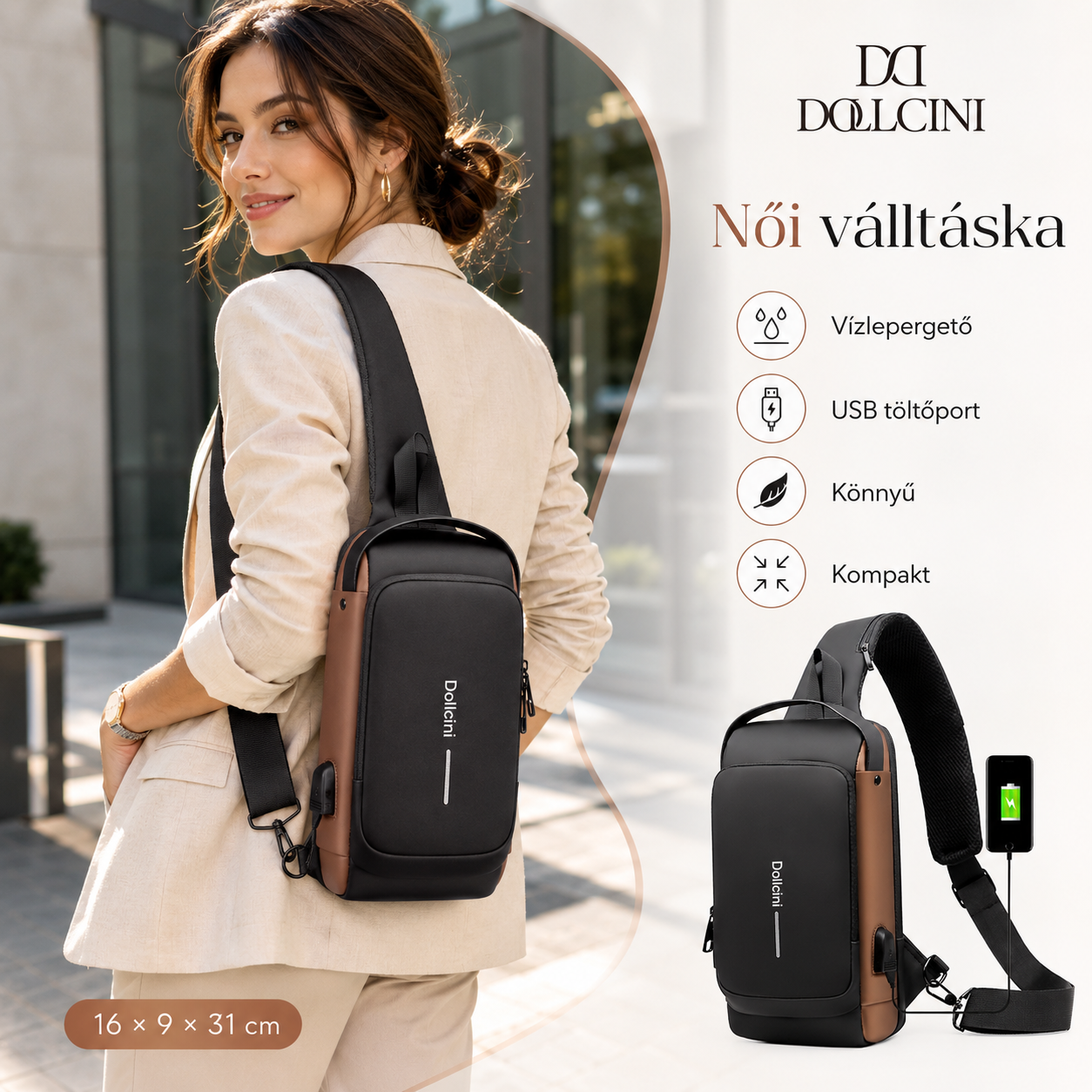 Dollcini Women's Chest Bag with USB Port – Combination Lock Shoulder Bag